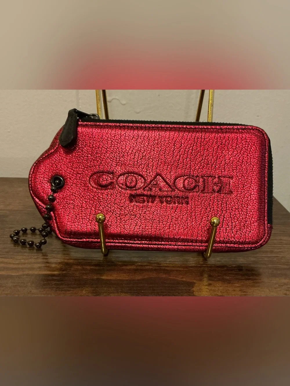 A Rare Leather HTF Red Metallic Coach XL Hangtag Shaped Zip Wallet Case Pouch